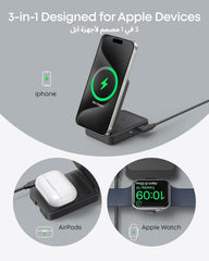 Anker MagSafe Charger Compatible, MagGo 3-in-1 Wireless Charging Station, Qi2 Certified 15W Wireless Stand, Apple Watch Charger for MagSafe, For iPhone 17/16/15, AirPods (40W USB C Charger Included)