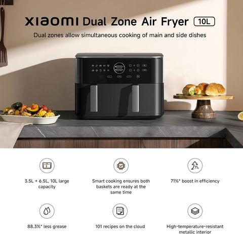 Xiaomi Dual Zone Air Fryer 10L, 2 Baskets (3.5L + 6.5L), 2700W, 6-in-1 Functions – Air Fry, Roast, Bake, Grill, Reheat, Dehydrate – Smart Sync Cooking, 101 Recipes, Dishwasher-Safe, Black
