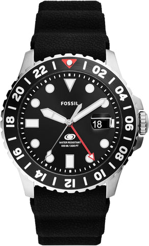 Fossil Men's Blue GMT Stainless Steel and Silicone Dual Time Watch, Color: Black Silicone (Model: FS6036)