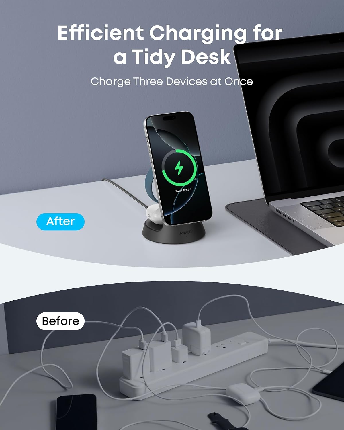 Anker MagGo Magnetic Wireless Charger (Dock Stand), 3-in-1 Qi2 Certified 15W MagSafe Compatible Wireless Charger, For iPhone 17/16 Series, Apple Watch, AirPods Pro, and More (Adapter Included