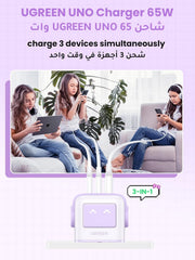 UGREEN UNO 65W USB C Charger 3-Port Nexode GaN Fast Charge Wall Plug Funny LED Display Compact Type-C Power Adapter Compatible for MacBook/HP/Dell/Lenovo, iPhone 17 Pro Max, Galaxy S25 Ultra- Purple