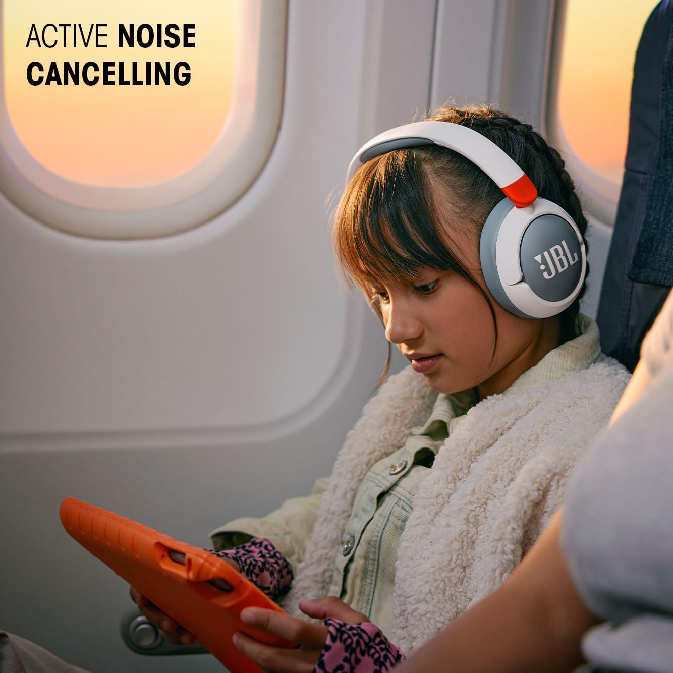 JBL Junior 470 NC Wireless Over-Ear Bluetooth Headphones with Active Noise Cancelling for Kids, Microphone, 50h Playback, JBL Safe Sound, Low Volume, Easy Operation and Stickers, White
