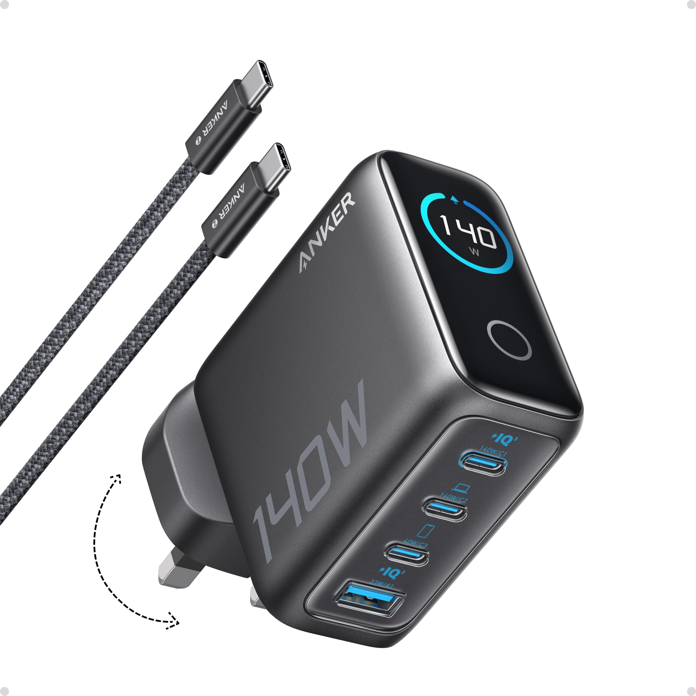Anker Prime USB C Charger, 160W 3-Port Compact USB C GaN Charger, Smart Display and Touch Control, 140W Any-Single-Port Charging for MacBook, iPad, iPhone 17/16 Series, and More (Cable Not Included)