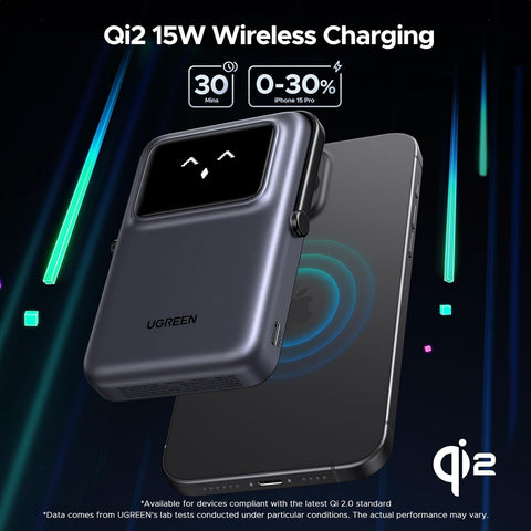 UGREEN Uno Magsafe Power Bank 10000mAh Qi2 Certified 15W iPhone16 Pro Max Fast Charging Magnetic Portable Charger with Foldable Stand and TFT Display Battery Pack Wireless for iPhone 16-12 Series