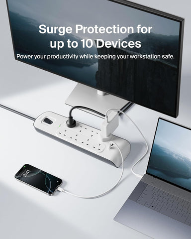 Belkin 8 Way/8 Plug Surge Protection Strip With 2 Meters Cord Length - Heavy Duty Electrical Extension Socket x 2.4 A Shared USB Ports
