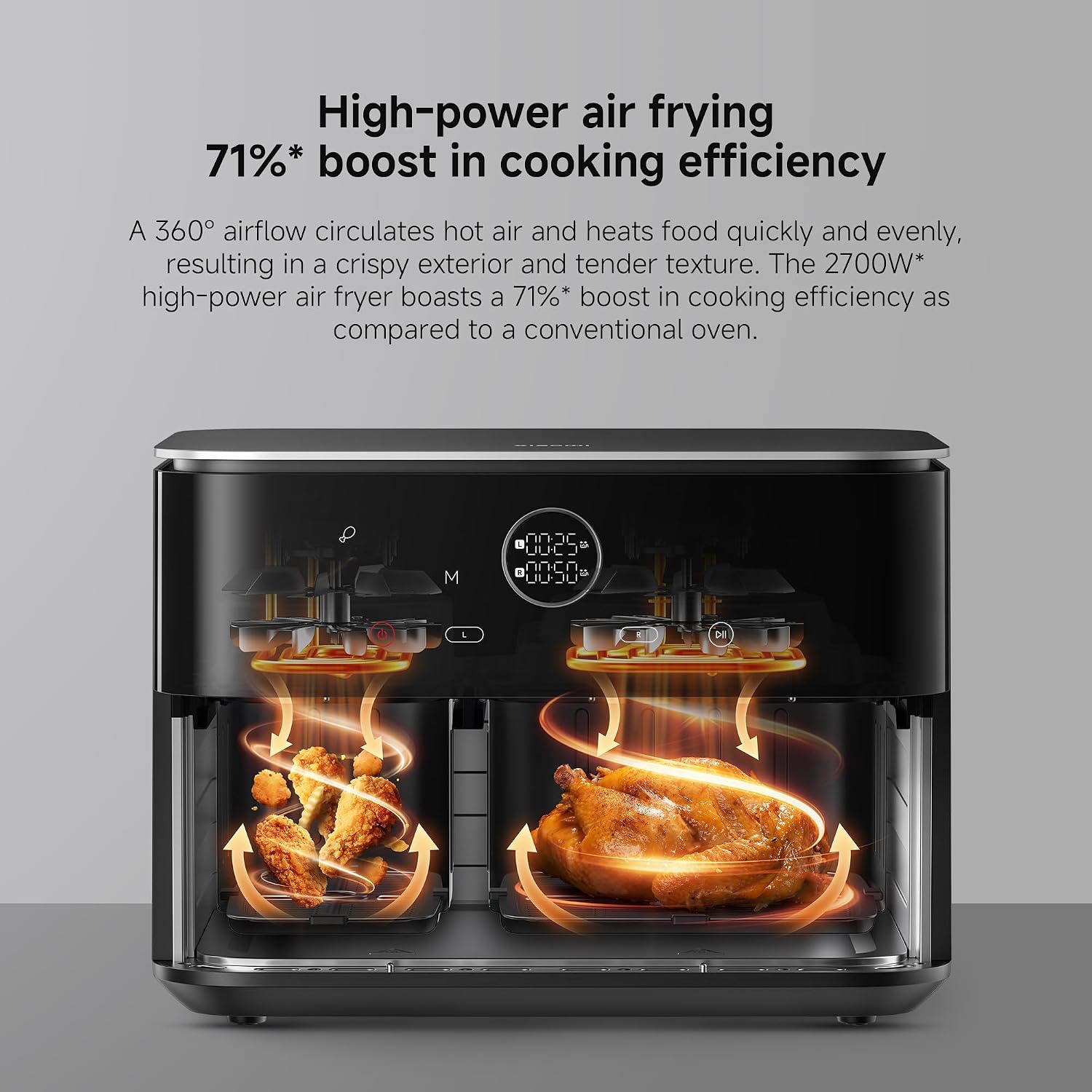 Xiaomi Dual Zone Air Fryer 10L, 2 Baskets (3.5L + 6.5L), 2700W, 6-in-1 Functions – Air Fry, Roast, Bake, Grill, Reheat, Dehydrate – Smart Sync Cooking, 101 Recipes, Dishwasher-Safe, Black