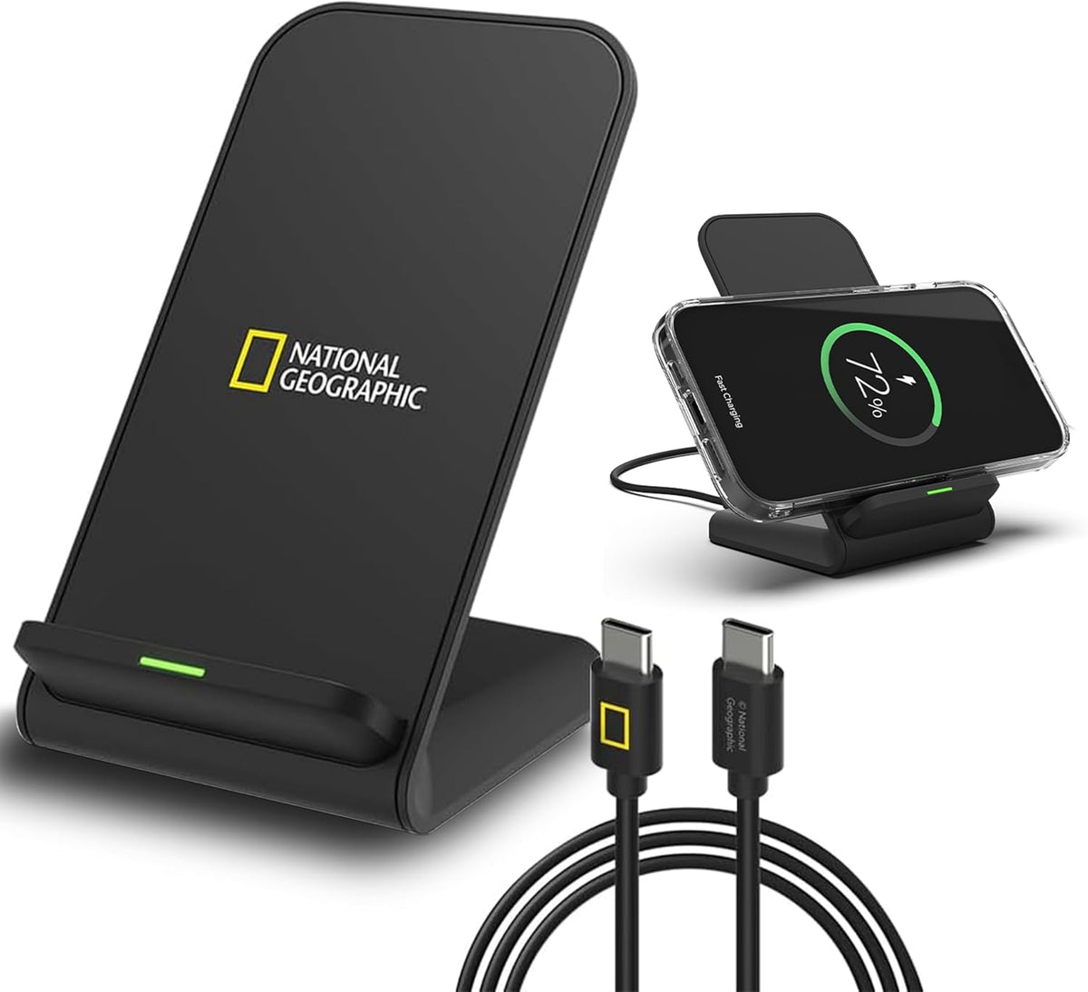 National Geographic Wireless Charger Stand-Slim 15W Fast Charge, Dual Coil, FOD Sensor, Qi Certified For iPhone 16 Pro Max/16 Pro/15/14/13/12/11, Samsung S24/S23/S22, Fold 6/5 Quick Charge