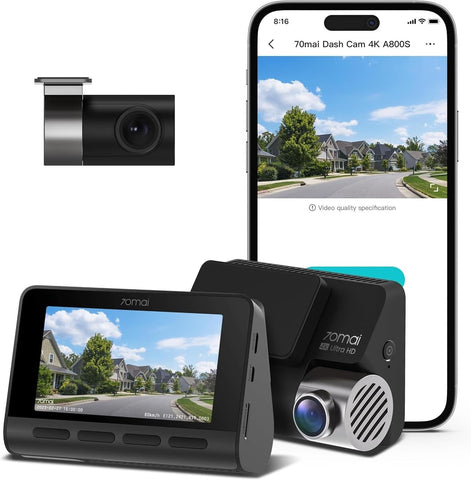 70mai A800S Dual Vision True 4K Dash Cam, Built-in GPS, ADAS, in App Playback & Share, Optional Parking Monitoring (Front + Rear Cam)