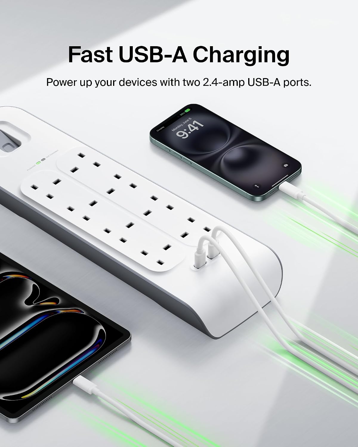 Belkin 8 Way/8 Plug Surge Protection Strip With 2 Meters Cord Length - Heavy Duty Electrical Extension Socket x 2.4 A Shared USB Ports