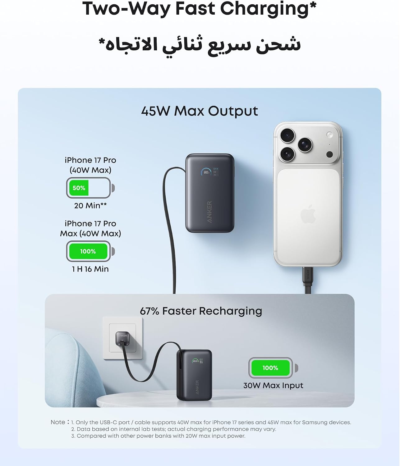 Anker Nano Power Bank, 10,000mAh Portable Charger with 2.3 ft InstaCord Retractable Cable, 45W Max Compact Battery Pack, Smart Display, for iPhone 17/16/15 Series, iPad, Galaxy, Pixel, and More