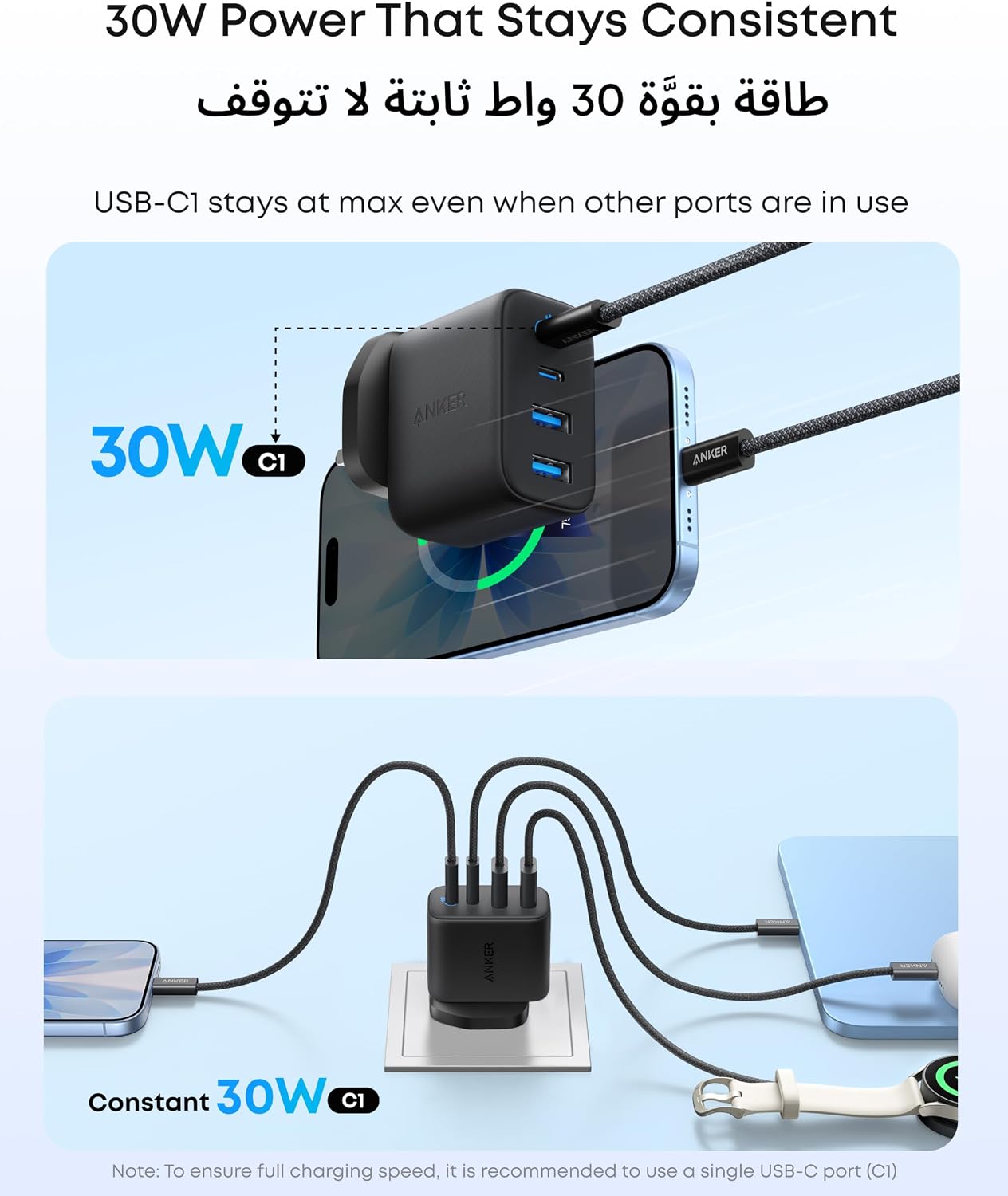 Anker Zolo USB C Charger Block, 4-Port Wall Adapter with 50W Max Output, 2 USB-C and 2 USB-A, Compact and Stable, For iPhone 17/16 Series, MacBook, iPad, Galaxy, and More (Black, Cable Not Included)