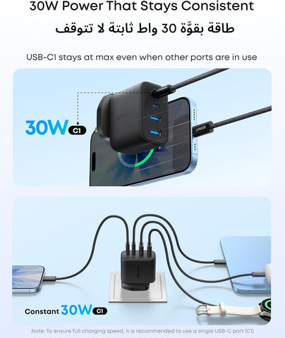Anker Zolo USB C Charger Block, 4-Port Wall Adapter with 50W Max Output, 2 USB-C and 2 USB-A, Compact and Stable, For iPhone 17/16 Series, MacBook, iPad, Galaxy, and More (Black, Cable Not Included)