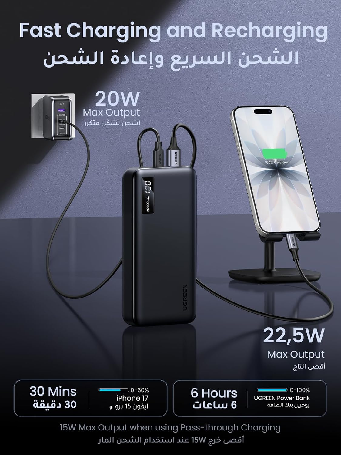 UGREEN Power Bank 20000mAh, PD 22.5W Portable Charger Fast Charging | flight-safe, high-capacity, PD 3.0 USB-C input & output, digital display, for iPhone 17/16, Galaxy S25, iPad, AirPods, etc