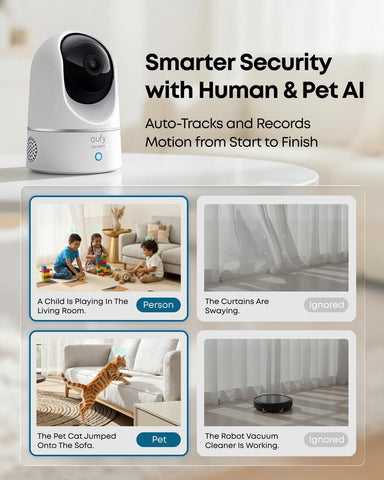 Eufy Security 2K Indoor Cam Pan & Tilt | Smart Home Camera with AI Human & Pet Detection | Motion Tracking | Night Vision | Works with Voice Assistants | MicroSD Storage – No HomeBase Required