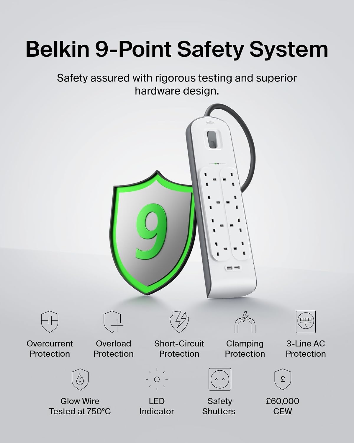 Belkin 8 Way/8 Plug Surge Protection Strip With 2 Meters Cord Length - Heavy Duty Electrical Extension Socket x 2.4 A Shared USB Ports