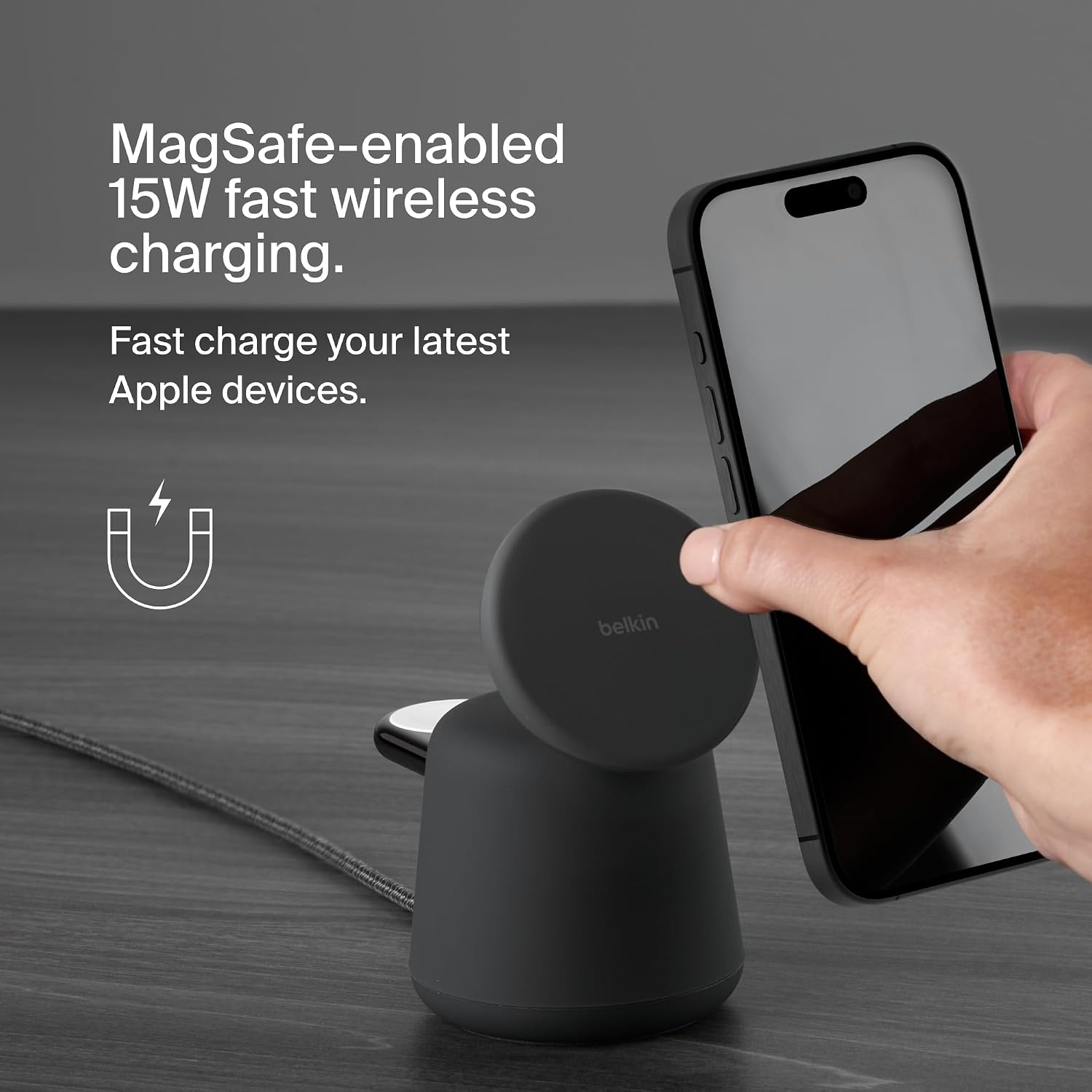 Belkin Fast Charge Pro 2-in-1 Wireless Charging Dock with MagSafe 15W Fast Charge iPhone Charger Compatible with iPhone 16, 15, 14, 13, and 12 Series, AirPods, and Other MagSafe Enabled Devices