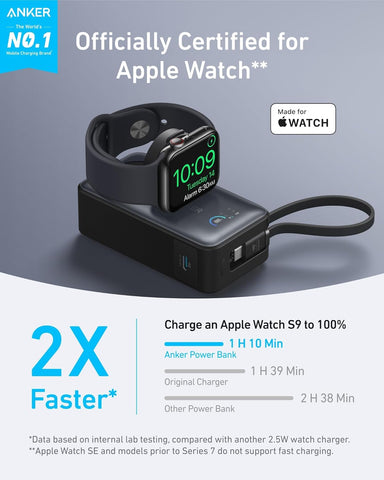 Anker MagGo Power Bank for Apple Watch, Officially Certified 10,000mAh Compact Portable Charger with Built-In USB-C Cable, 35W Max Battery Pack, For iPhone 16/15 Series, iPad, AirPods, and More