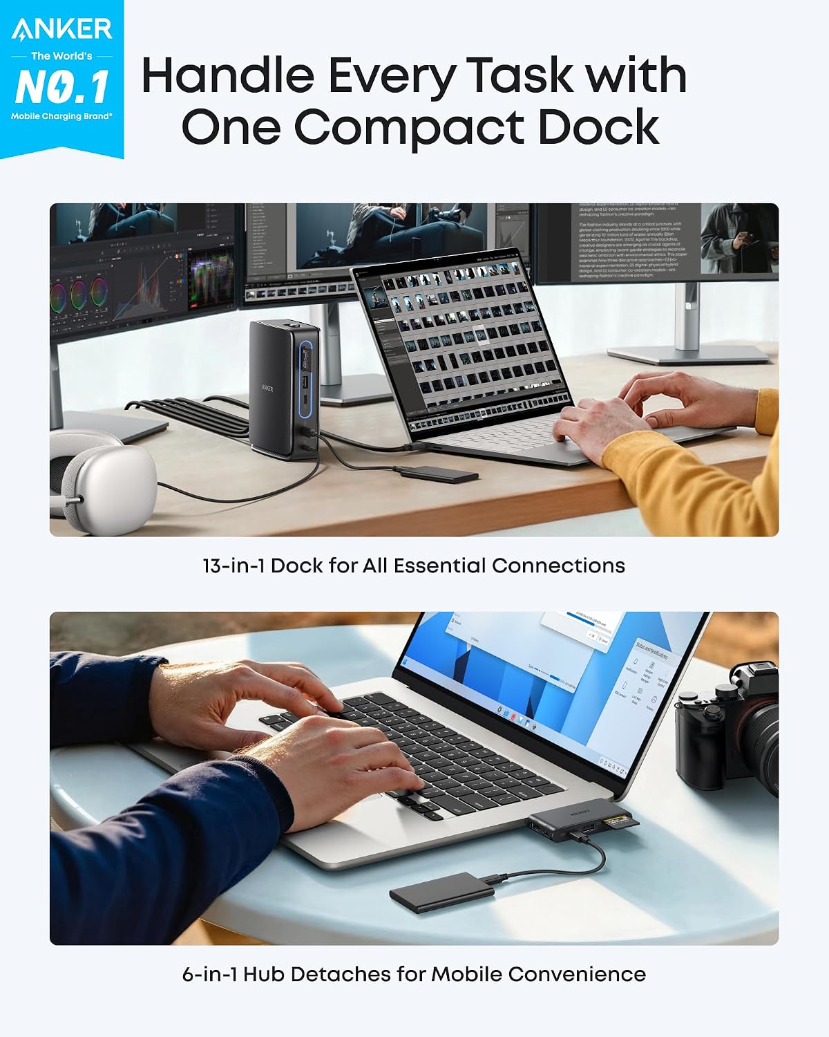 Anker Nano 13-in-1 Laptop Docking Station with Detachable 6-in-1 Hub, USB-C 3 Display Docking (2 HDMI+1 DP), 10 Gbps USB-C, 3 USB-A, Audio, SD/TF, Ethernet, 100W Max PD for Dell/Lenovo/HP Home Office