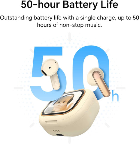 HONOR CHOICE CuBuds Wireless Earbuds with 2” Interactive Touch Screen, 50H Battery Life, 12.4mm Dynamic Driver, AI Call Noise Cancellation, IP54 Water Resistance & Dual Device Connection – Khaki