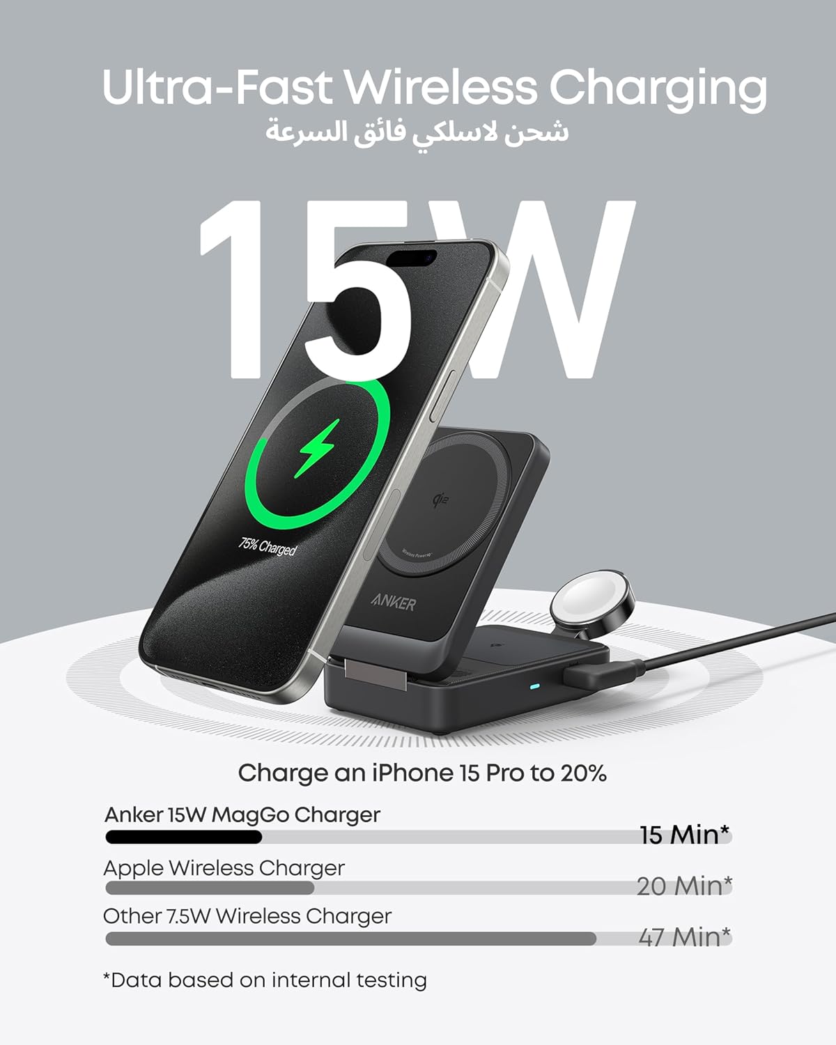 Anker MagSafe Charger Compatible, MagGo 3-in-1 Wireless Charging Station, Qi2 Certified 15W Wireless Stand, Apple Watch Charger for MagSafe, For iPhone 17/16/15, AirPods (40W USB C Charger Included)
