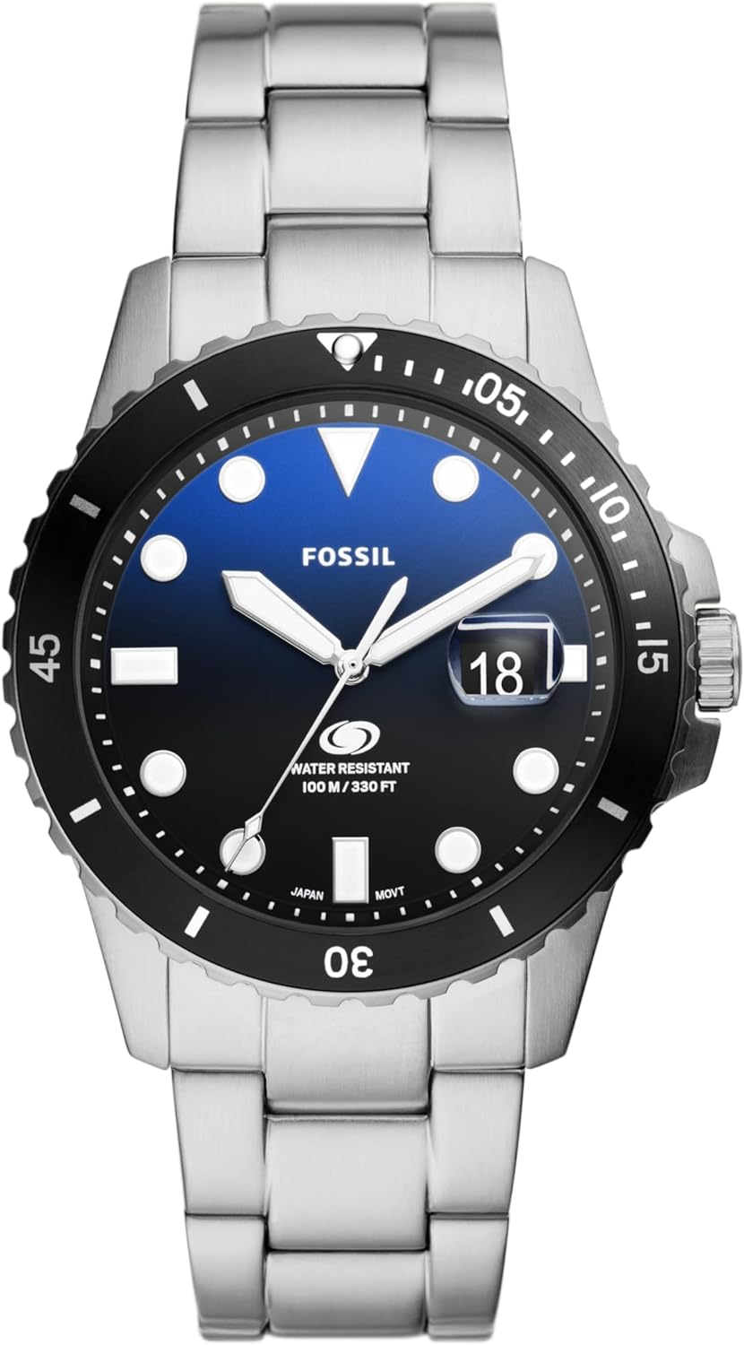 Fossil Men's Blue Quartz Stainless Steel Three-Hand Watch, Color: Silver/Blue/Black Taper (Model: FS6038)