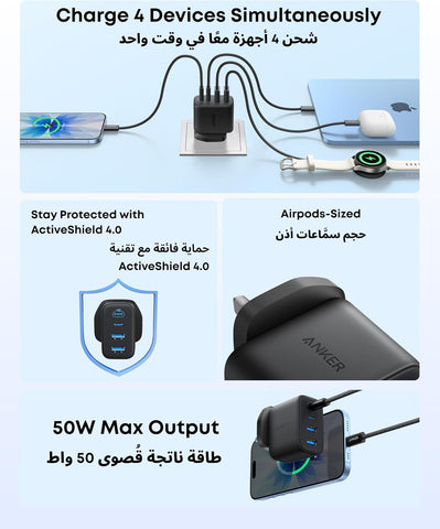 Anker Zolo USB C Charger Block, 4-Port Wall Adapter with 50W Max Output, 2 USB-C and 2 USB-A, Compact and Stable, For iPhone 17/16 Series, MacBook, iPad, Galaxy, and More (Black, Cable Not Included)