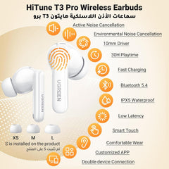 UGREEN HiTune T3 Pro Bluetooth 5.4 Earbuds, Active Noise Cancellation Earphones, 4 Mics ENC Clear Call Headsets, 30H Playtime USB C Fast Charging, IPX5 Waterproof, Customised APP 2 Devices Connection