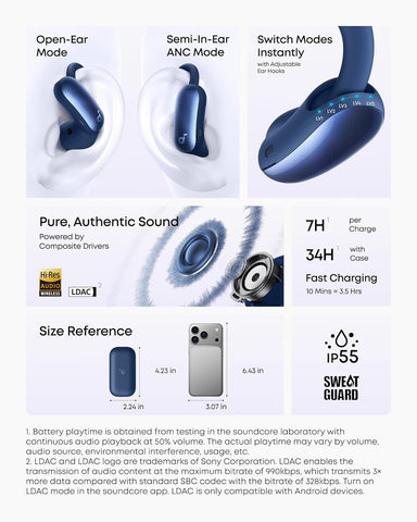 soundcore AeroFit 2 Pro by Anker, 2-in-1 Hybrid Earbuds with Awareness Mode and Focus Mode, Bluetooth 6.1, Hi-Res, LDAC, Spatial Audio, Al Clear Phone Calls, IP55, 34H Total Playtime (Blue)