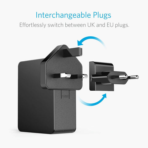 Anker USB Plug Charger 5.4A/27W 4-Port USB Charger, PowerPort 4 Lite with Interchangeable UK and EU Travel Charger, Adapter for iPhone XS/XS Max/XR/X/8, Galaxy S8/Note 3, iPad Air 2/mini 3, and More