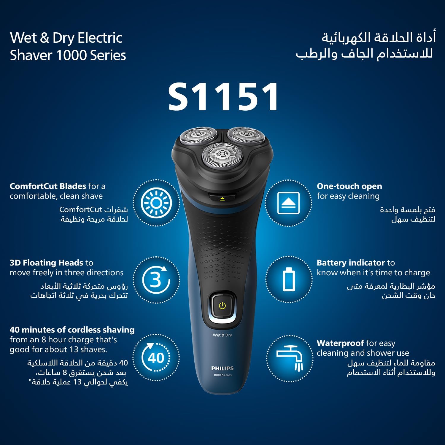 Philips Shaver 1000 Series Wet & Dry Electric Shaver S1151/00, 2 Years Warranty
