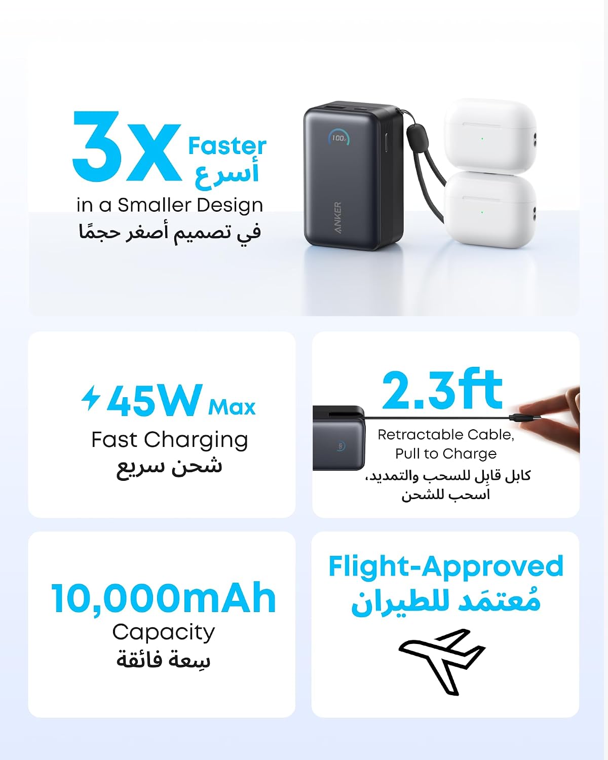 Anker Nano Power Bank, 10,000mAh Portable Charger with 2.3 ft InstaCord Retractable Cable, 45W Max Compact Battery Pack, Smart Display, for iPhone 17/16/15 Series, iPad, Galaxy, Pixel, and More