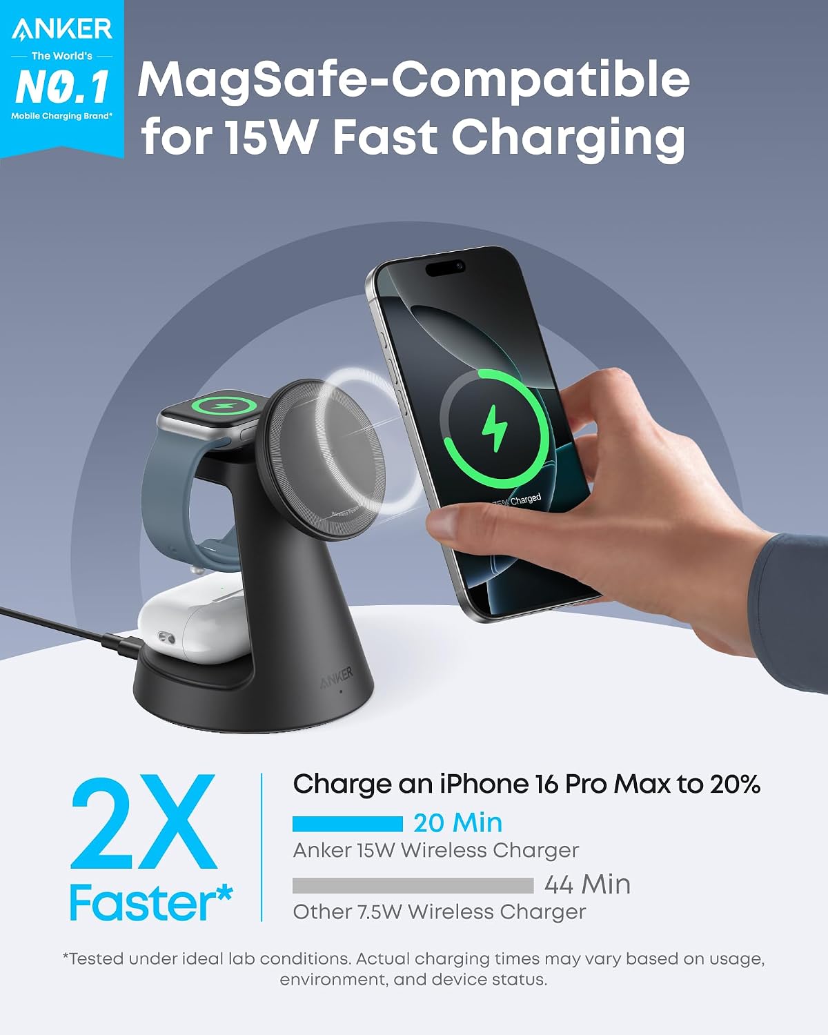 Anker MagGo Magnetic Wireless Charger (Dock Stand), 3-in-1 Qi2 Certified 15W MagSafe Compatible Wireless Charger, For iPhone 17/16 Series, Apple Watch, AirPods Pro, and More (Adapter Included