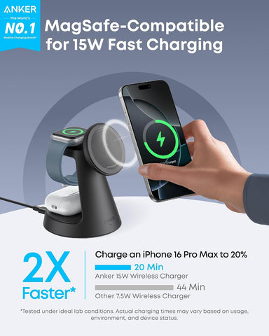 Anker MagGo Magnetic Wireless Charger (Dock Stand), 3-in-1 Qi2 Certified 15W MagSafe Compatible Wireless Charger, For iPhone 17/16 Series, Apple Watch, AirPods Pro, and More (Adapter Included