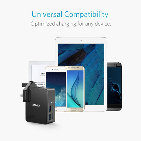 Anker USB Plug Charger 5.4A/27W 4-Port USB Charger, PowerPort 4 Lite with Interchangeable UK and EU Travel Charger, Adapter for iPhone XS/XS Max/XR/X/8, Galaxy S8/Note 3, iPad Air 2/mini 3, and More