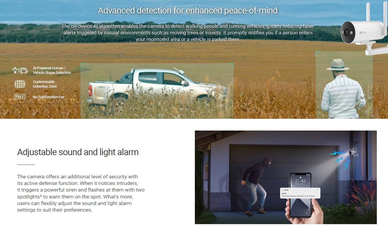 EZVIZ H5 4G Outdoor Smart Security Camera, 3MP, 2K Color Night Vision, Two-Way Talk,