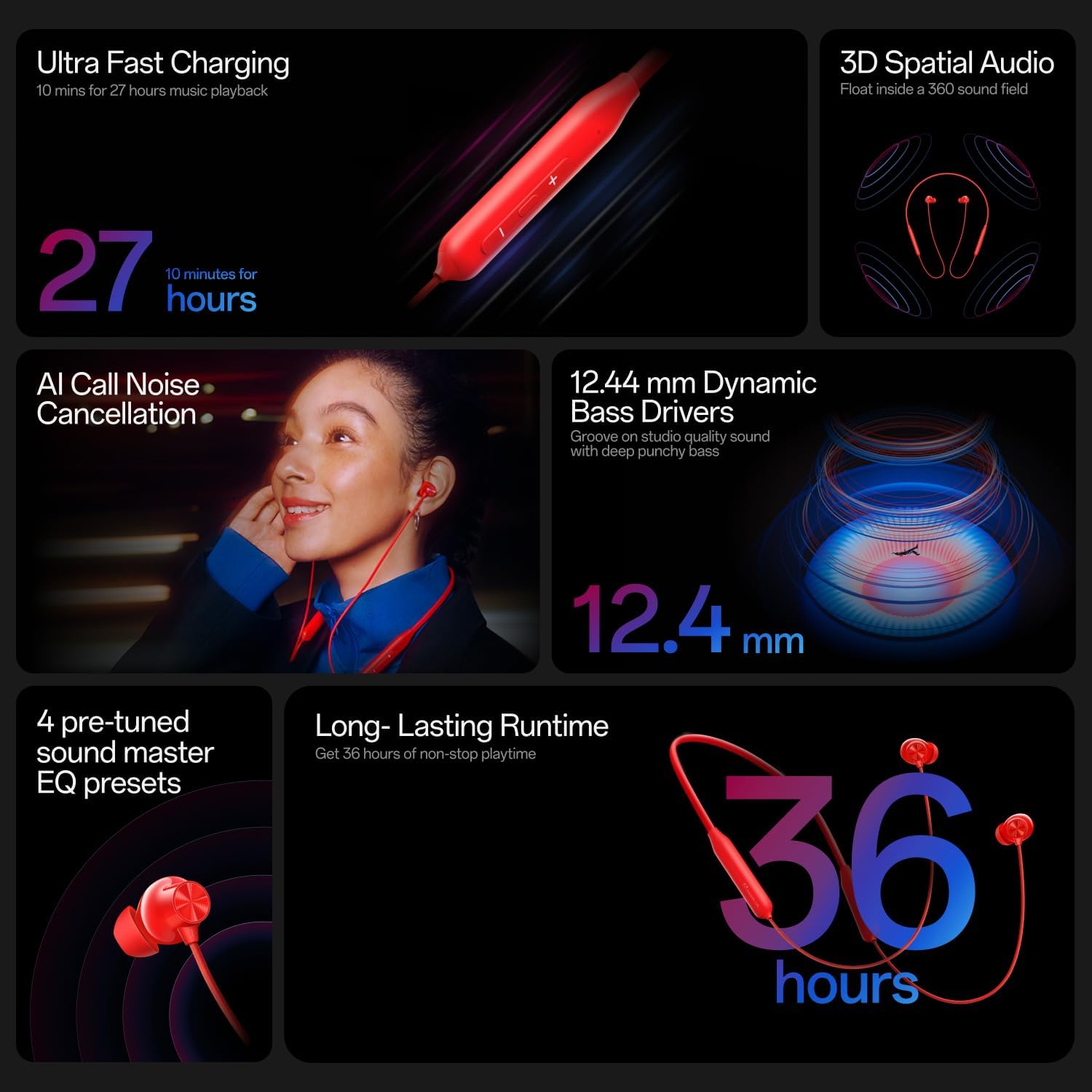 OnePlus Bullets Wireless Z3 - 5-inch Bluetooth Headphones, spatial audio, 12.4 mm drivers, 36 hours battery life (Mambo Midnight)