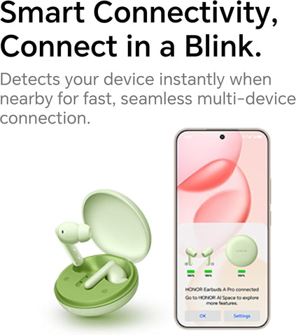 HONOR Earbuds A Pro Wireless Earbuds with 49dB Active Noise Cancellation, 12.4mm Large Driver, Up to 42H Battery, Bluetooth 5.3, AI Call Noise Reduction, IP54 Water Resistant, Green