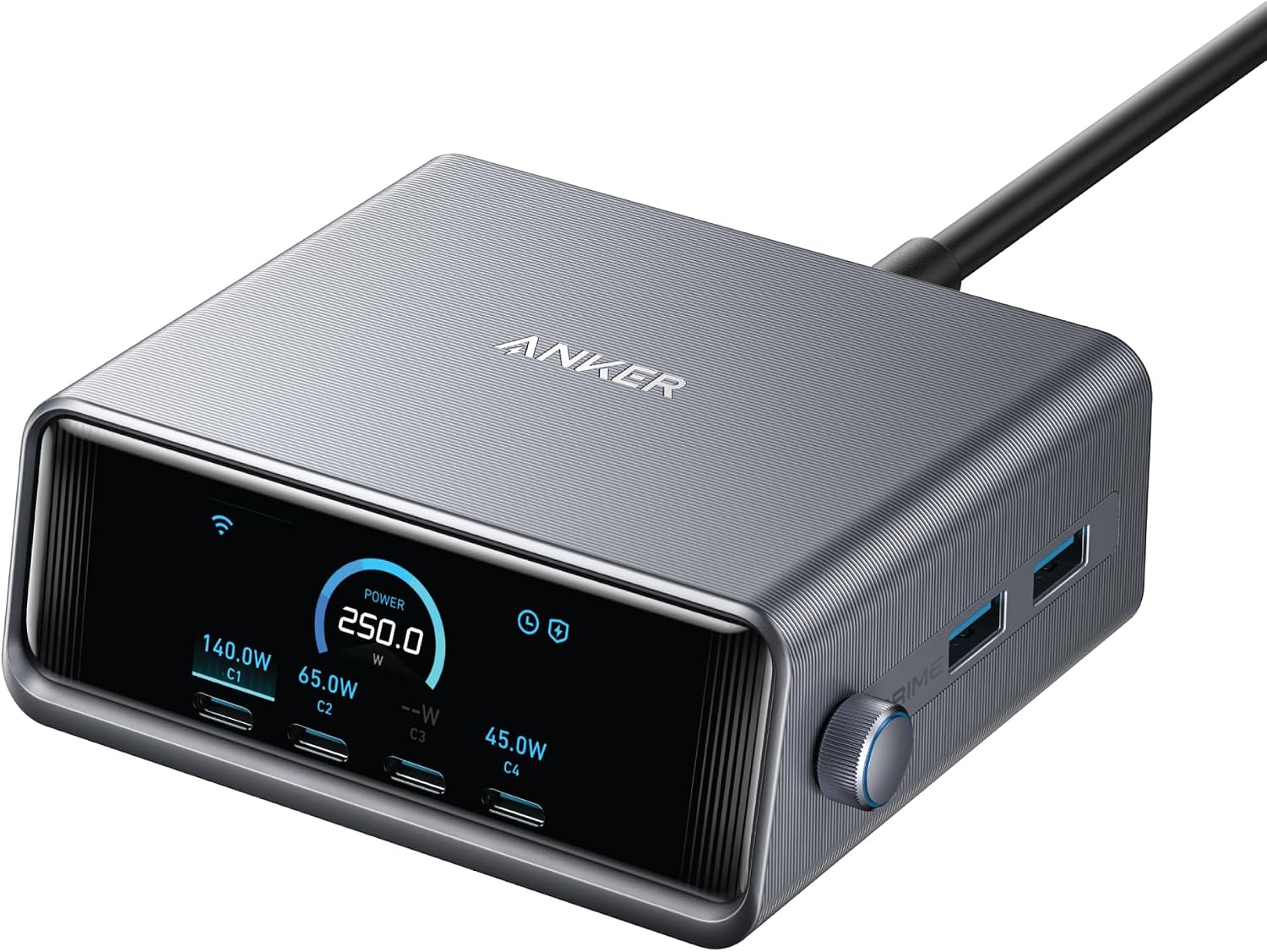 Anker Prime 250W USB C Charger, Ultra-Fast 6-Port GaN Charging Station, 2.26" LCD Display and Smart Control Dial, Compatible with MacBook Pro/Air, iPhone 17/16/15, Huawei, Samsung, iPad and More