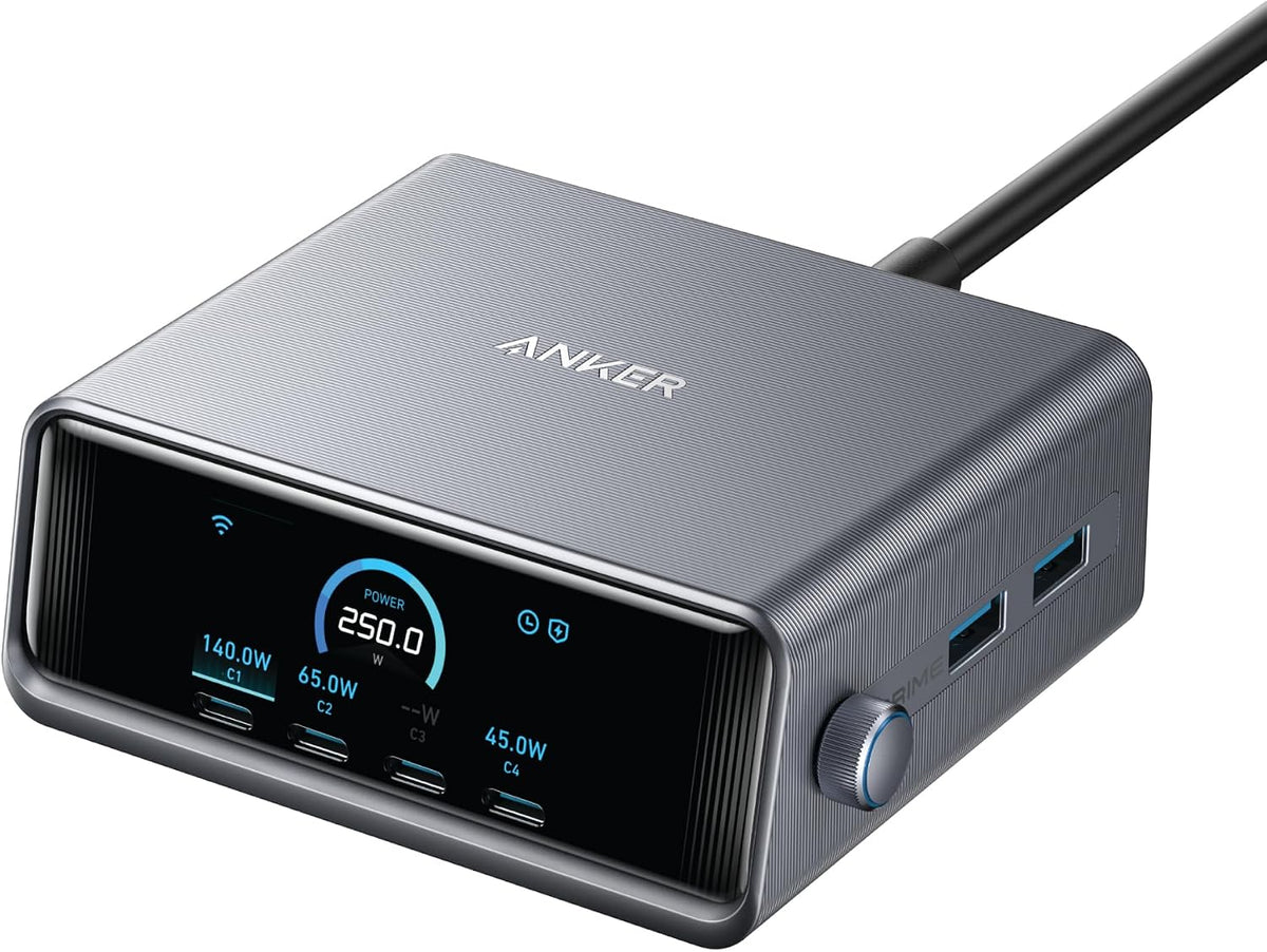Anker Prime 250W USB C Charger, Ultra-Fast 6-Port GaN Charging Station, 2.26" LCD Display and Smart Control Dial, Compatible with MacBook Pro/Air, iPhone 17/16/15, Huawei, Samsung, iPad and More