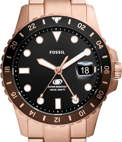 Fossil Men's Blue GMT Stainless Steel Three-Hand Watch, Color: Rose Gold/Chocolate (Model: FS6027)