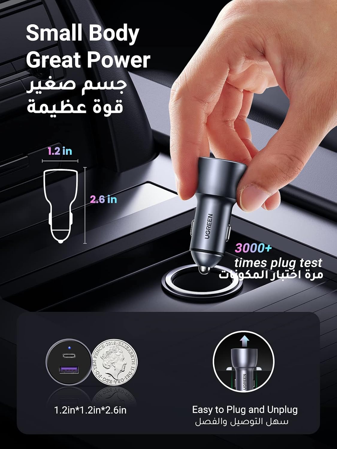 UGREEN 52.5W Fast Car Charger Dual USB Ports Fast Car Power Adapter PD30W iPhone 16 Car Charger Fast Charging Samsung S24 Series 25W Car USB Plug for Samsung, iPhone, iPad Pro/Air, Huawei, Xiaomi, etc