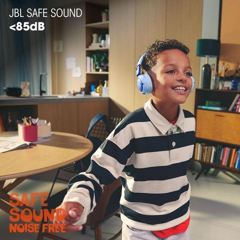 JBL Junior 320 BT Wireless On-Ear Bluetooth Headphones with Built-in Microphone for Kids, 50 Hours Playback, Safe Sound, Low Volume, Easy Operation and Sticker Set, Blue - JBLJR320BTBLU