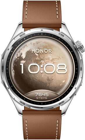 HONOR Watch 6 Smartwatch, 35-Day Battery, Dual-Band GPS, 123 Sports Modes, NFC Payment, 3000 Nits AMOLED Display, AI Health Scan, Twilight Brown Leather Strap