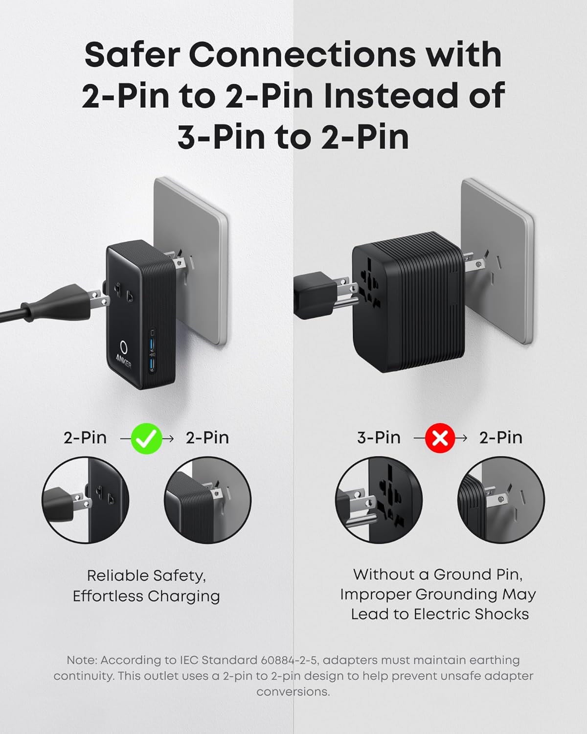 Anker Nano European Travel Plug Adapter, 5-Port Fordable (1-Pack, Black) | with 1AC 2USB-A 2USB-C Ports, Temperature Control, Essentials for Over 200 Countries, Ideal for Travel