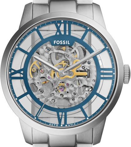 Fossil Men's Townsman Automatic Stainless Steel and Leather Three-Hand Skeleton Watch, Color: Silver/Pacific Blue Indices (Model: ME3260)