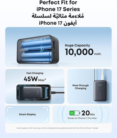 Anker Nano Power Bank, 10,000mAh Portable Charger with 2.3 ft InstaCord Retractable Cable, 45W Max Compact Battery Pack, Smart Display, for iPhone 17/16/15 Series, iPad, Galaxy, Pixel, and More