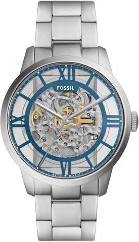 Fossil Men's Townsman Automatic Stainless Steel and Leather Three-Hand Skeleton Watch, Color: Silver/Pacific Blue Indices (Model: ME3260)