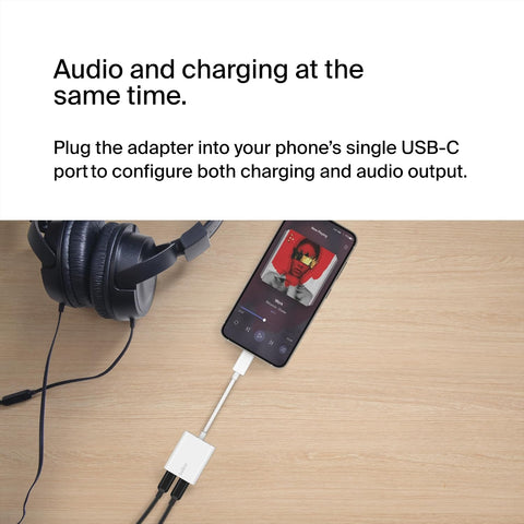 Belkin RockStar USB-C Audio + Charge Adapter, Headphone Adapter w/ USB-C 60W Power Delivery Fast Charging for iPhone 16, iPad Pro, Galaxy, Note, Google Pixel, LG, Sony, OnePlus, and More - White