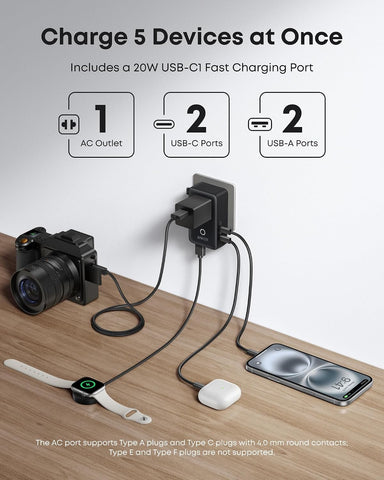 Anker Nano European Travel Plug Adapter, 5-Port Fordable (1-Pack, Black) | with 1AC 2USB-A 2USB-C Ports, Temperature Control, Essentials for Over 200 Countries, Ideal for Travel