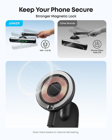 Anker MagGo Wireless Car Charger (Pad), 15W Qi2 Certified Fast Charging Car Adapter with Alloy B Strong Hold, 360° Adjustable View, For iPhone 17/16 /15/14 Series and More